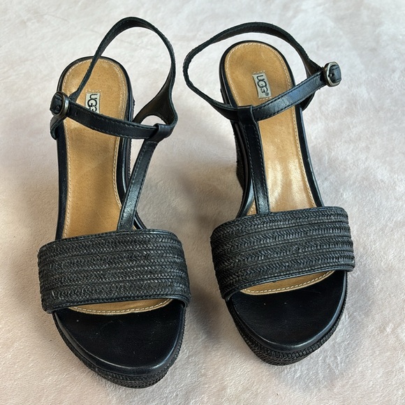 UGG Fitchie T strap Wedge Sandals Black Size 8.5 - Picture 4 of 8